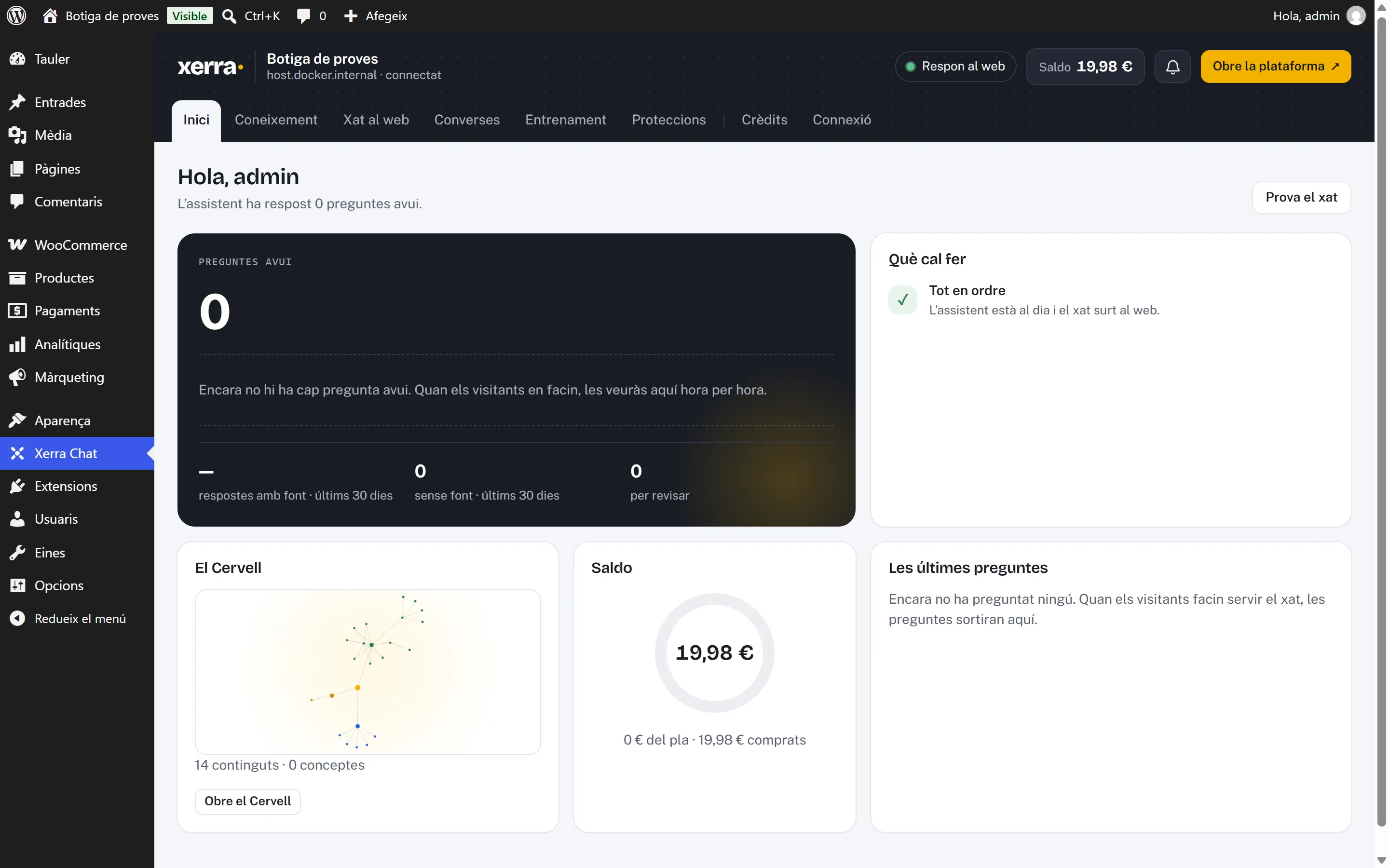 Inici del plugin Xerra Chat al WordPress: preguntes d’avui, tasques pendents, el Cervell i el saldo