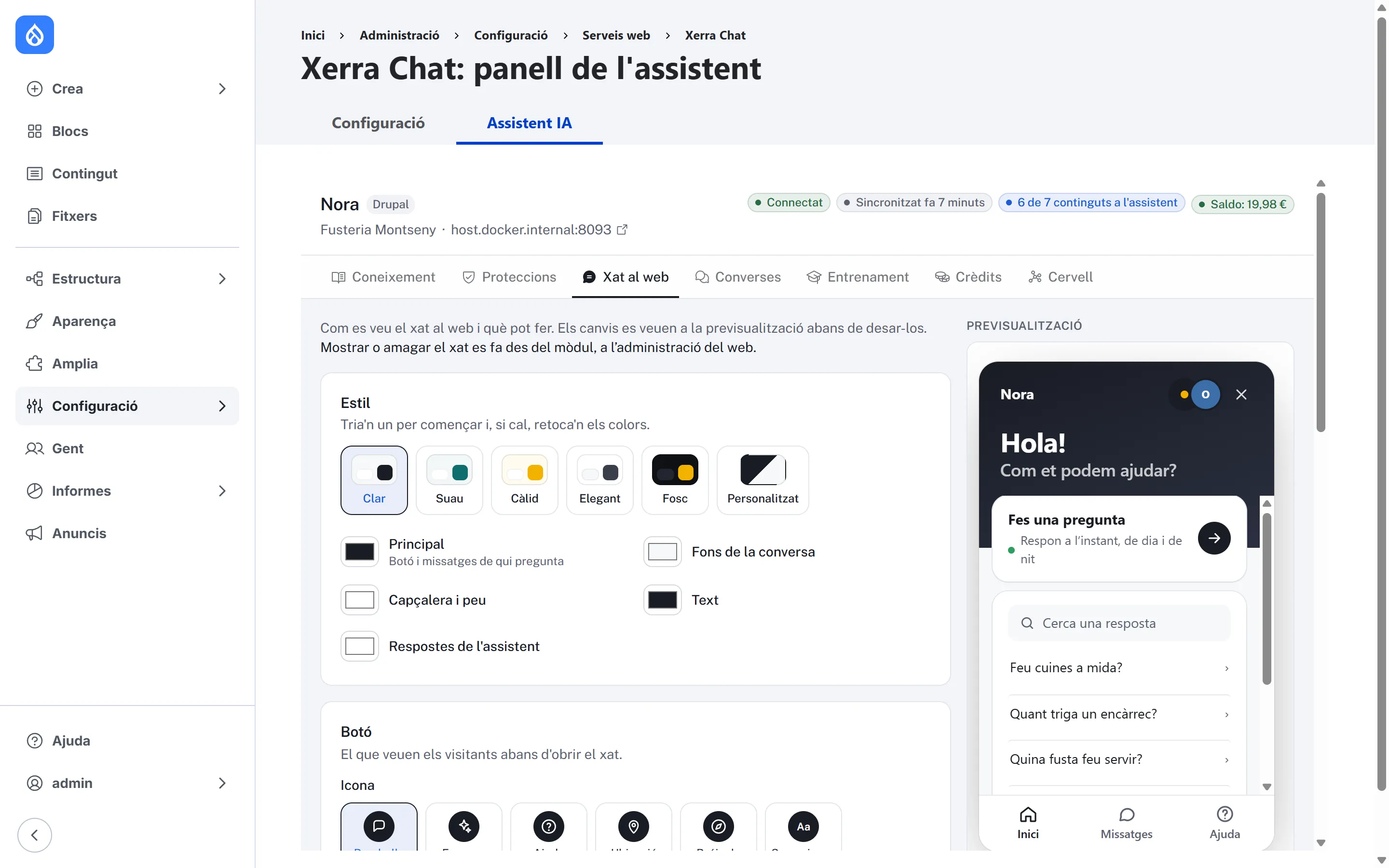 Aspecte del xat dins del Drupal amb la previsualització del xat real