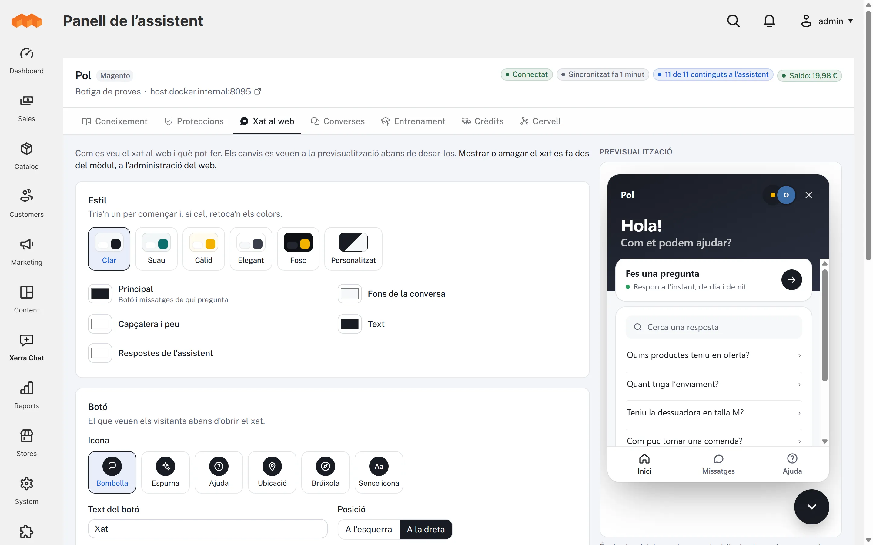 Aspecte del xat dins del Magento amb la previsualització del xat real