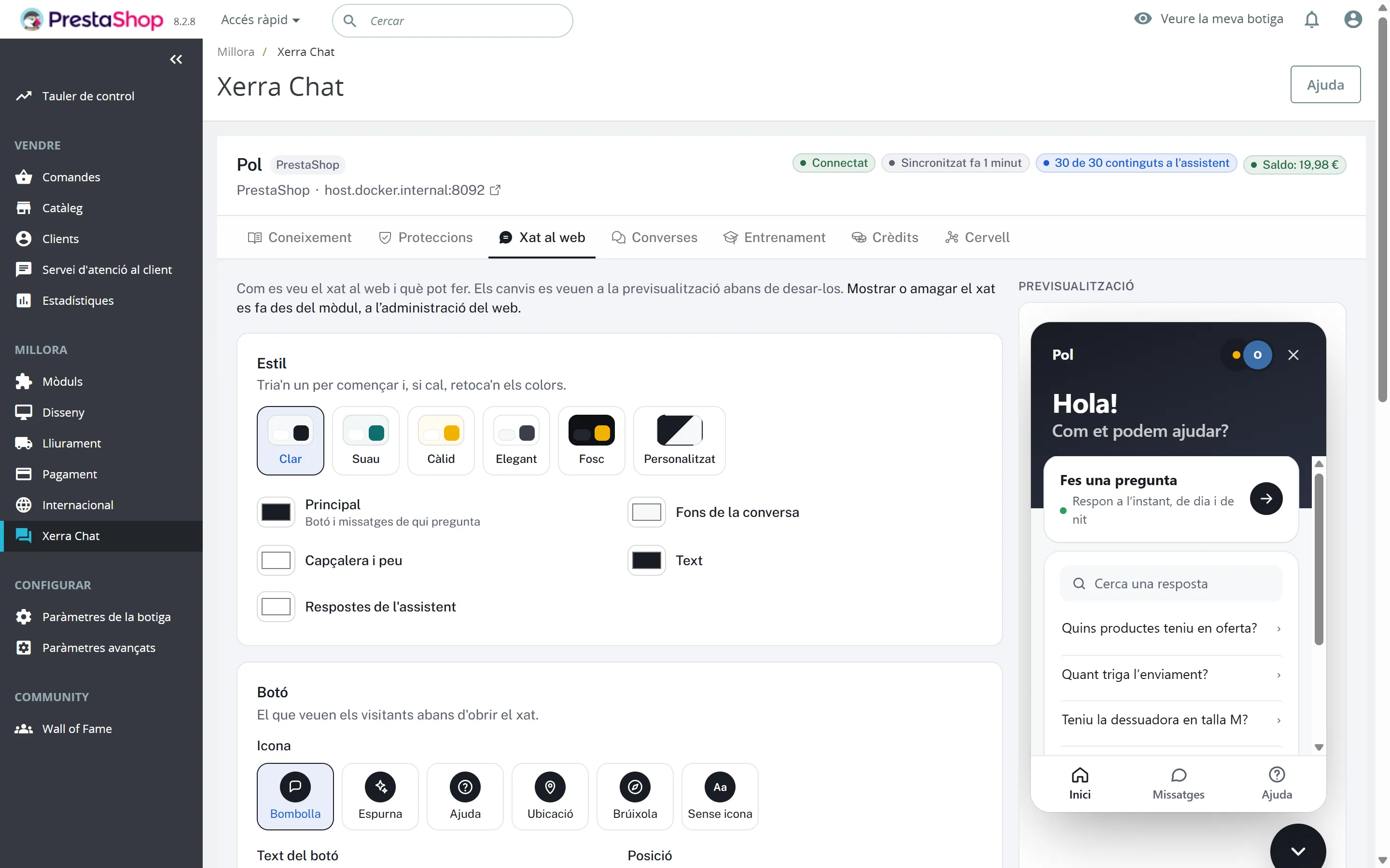 Aspecte del xat dins del PrestaShop: estils, colors, icona i previsualització del xat real
