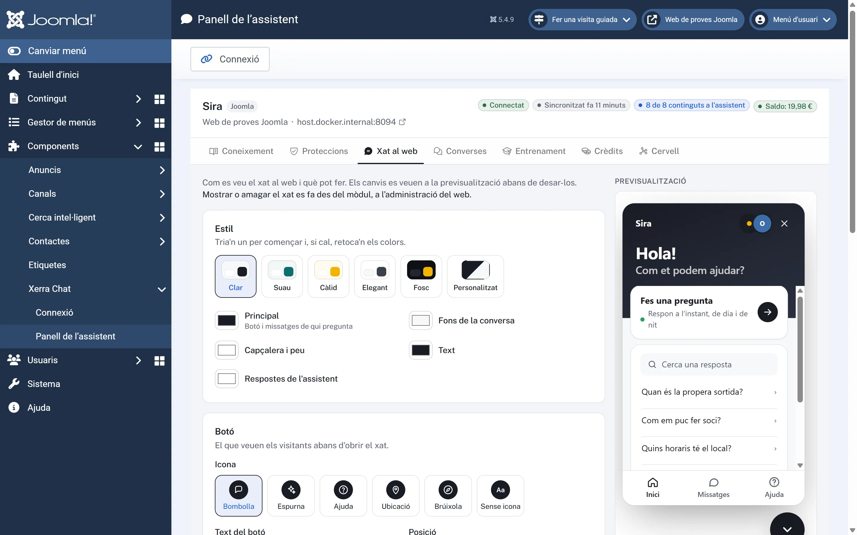 Aspecte del xat dins del Joomla amb la previsualització del xat real