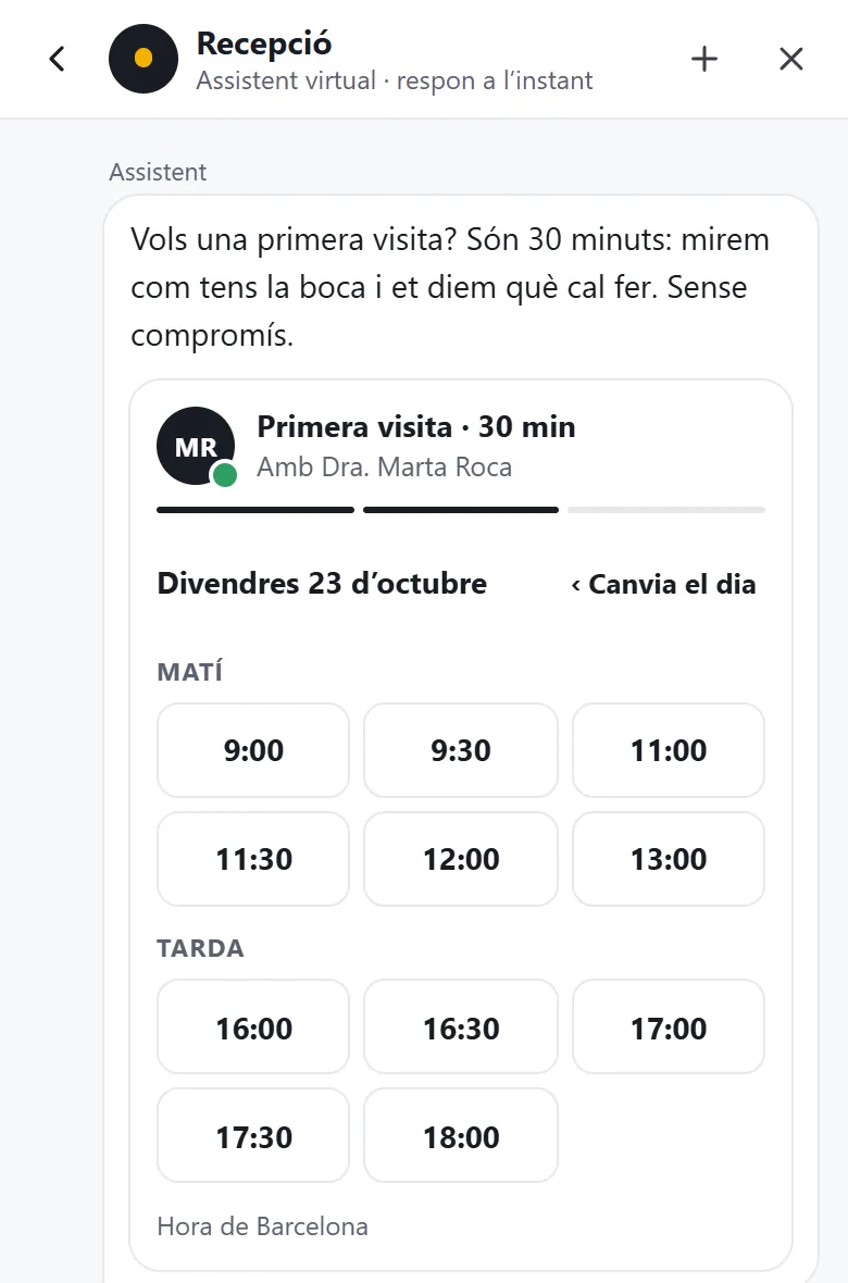 Targeta de reserva al xat amb les hores lliures de divendres 23 d'octubre, de matí i de tarda.